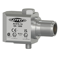 A CTC AC916 stainless steel, side exit industrial vibration sensor engraved with the CTC Line logo, part number, serial number, and hazardous certification logos.